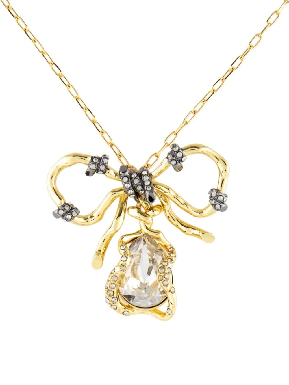 Alexis Bittar Brut Knot Bow Crystal Statement Necklace Gold NWT $495